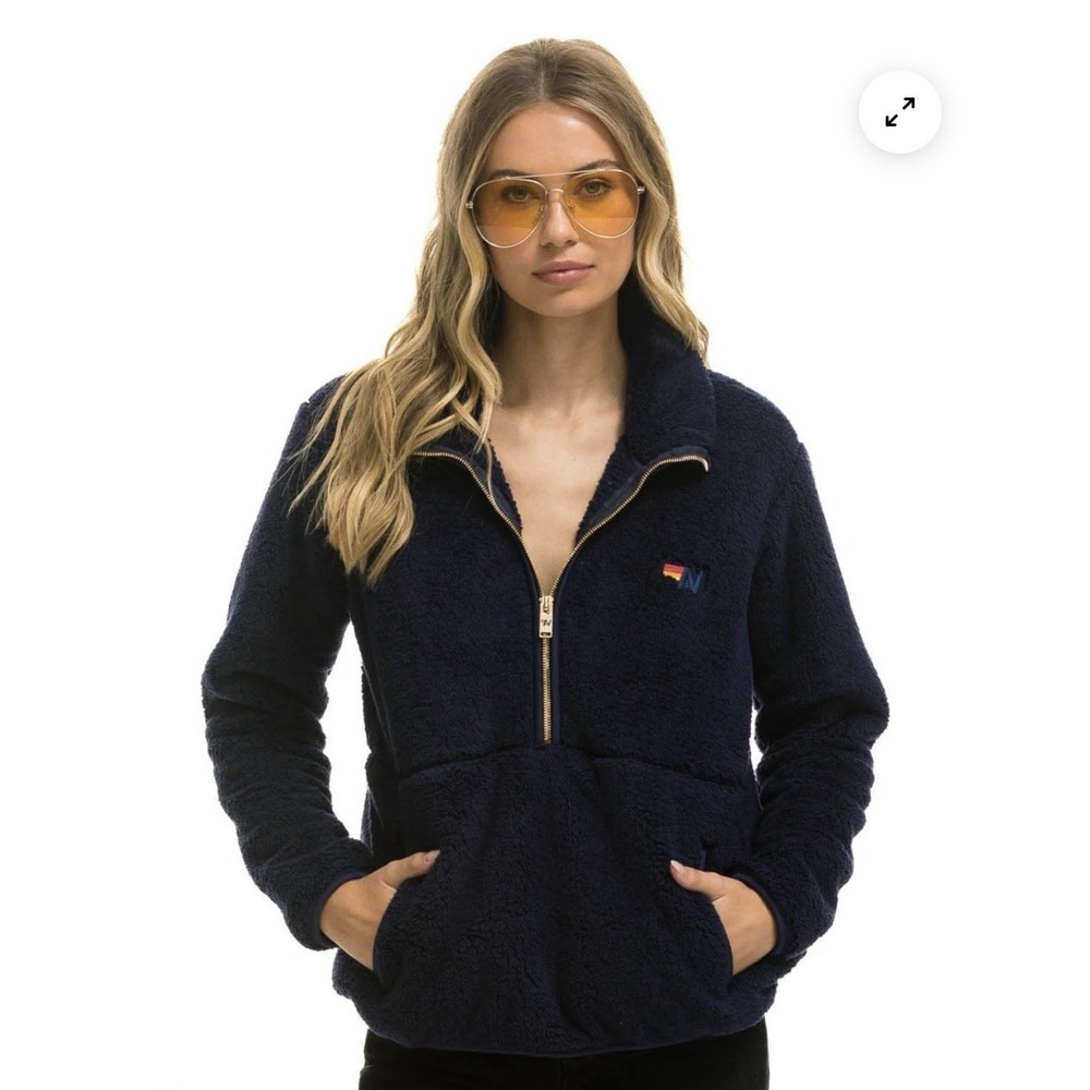 Aviator Nation Teddy Plush Half Zip Jacket Pullover Sweatshirt Navy Small